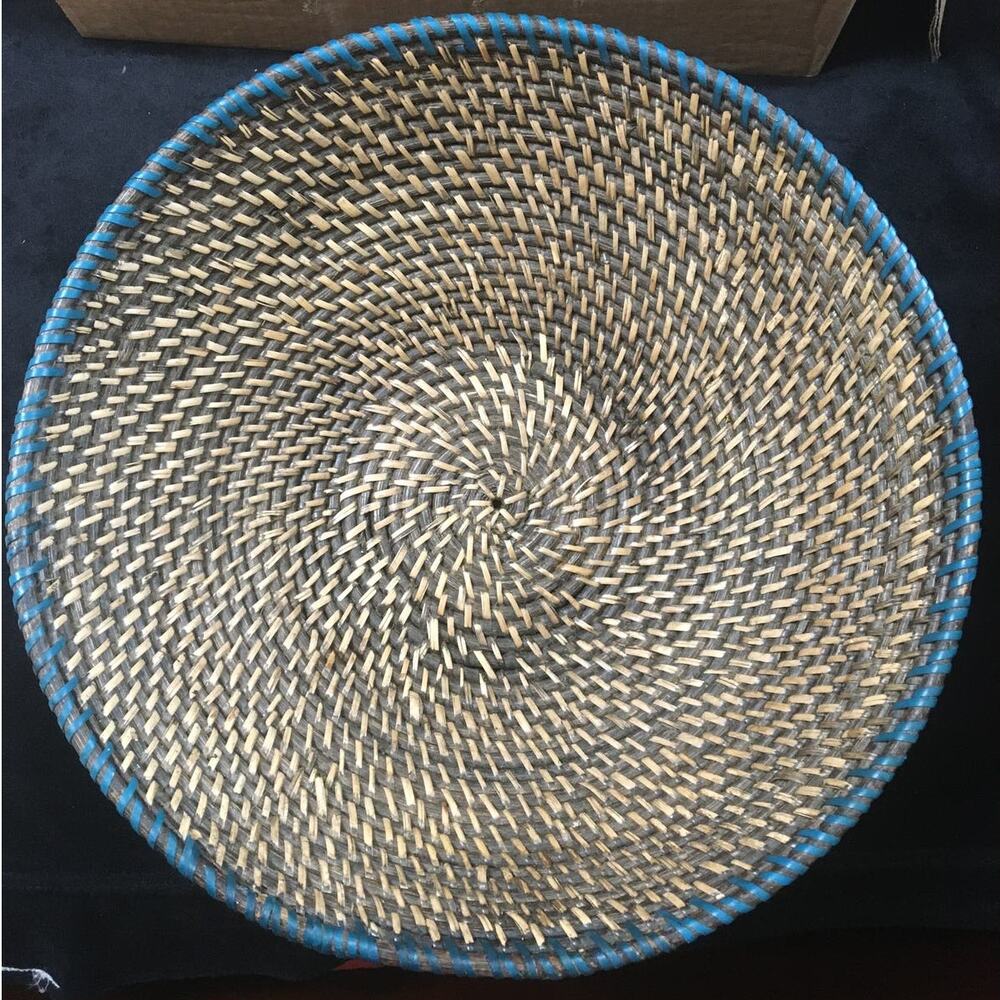 Woven Basket Bowl 14 1/4" Wide at the Top 6 1/2" at the Bottom Brown Cream Blue